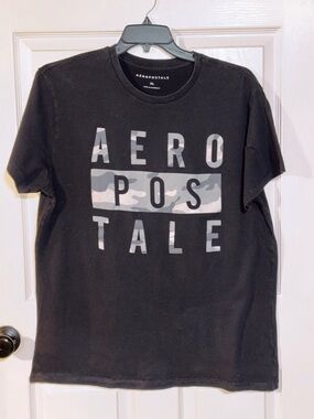 Aeropostale Black Tee with Gray Camo Lettering